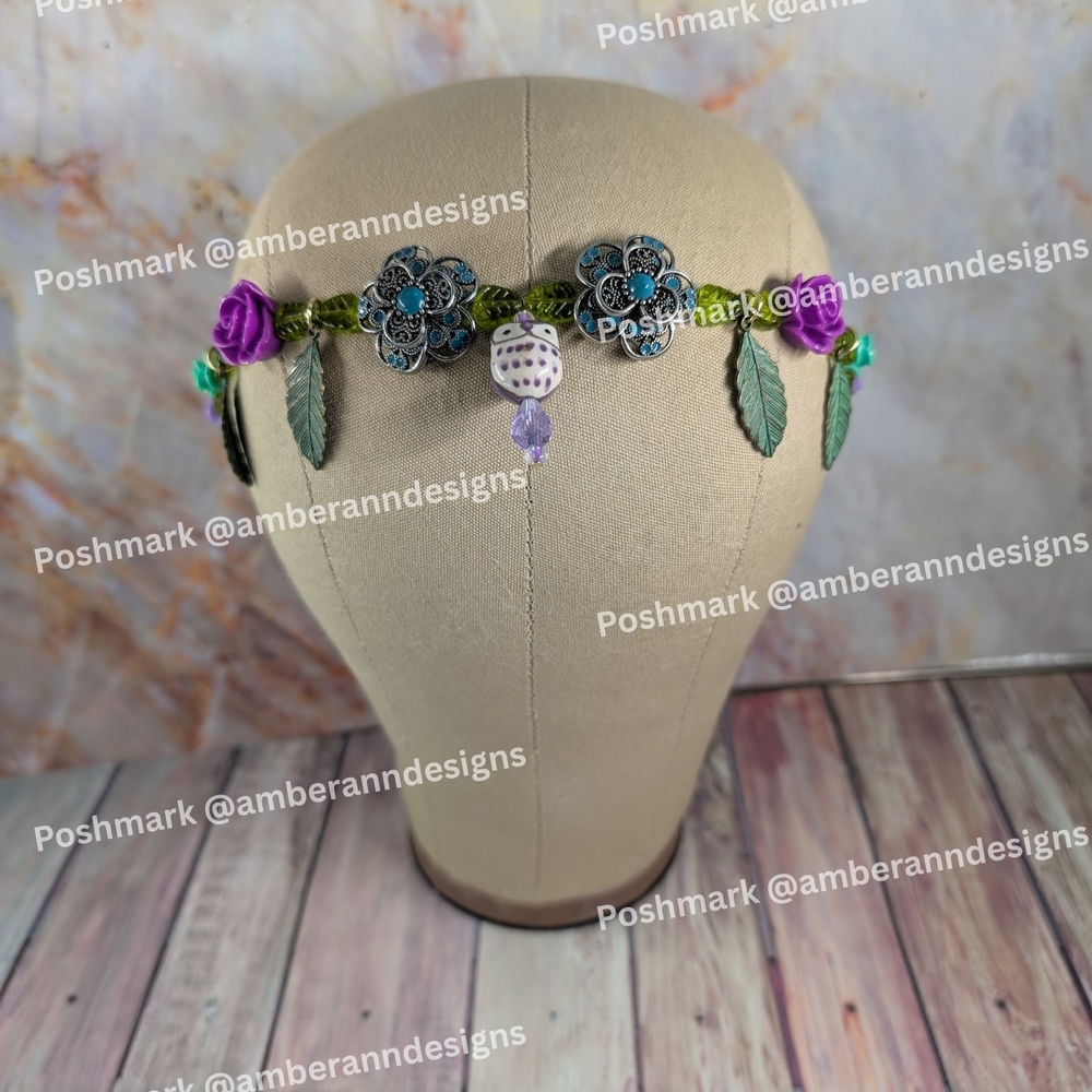 One Of A Kind Owl & Feather Charm Floral Headband w/ Purple & Blue Green Accents